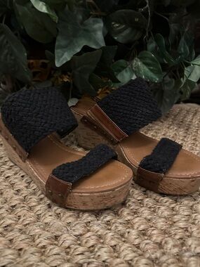 Crown Vintage Black Braided Platform Sandals with Brown Cork Sole